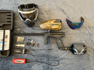 Hochwertiges Paintball-Komplettpaket (Dye DSR, Virtue Spire IV Hopper, Bunker Kings CMD Paintball-Maske)